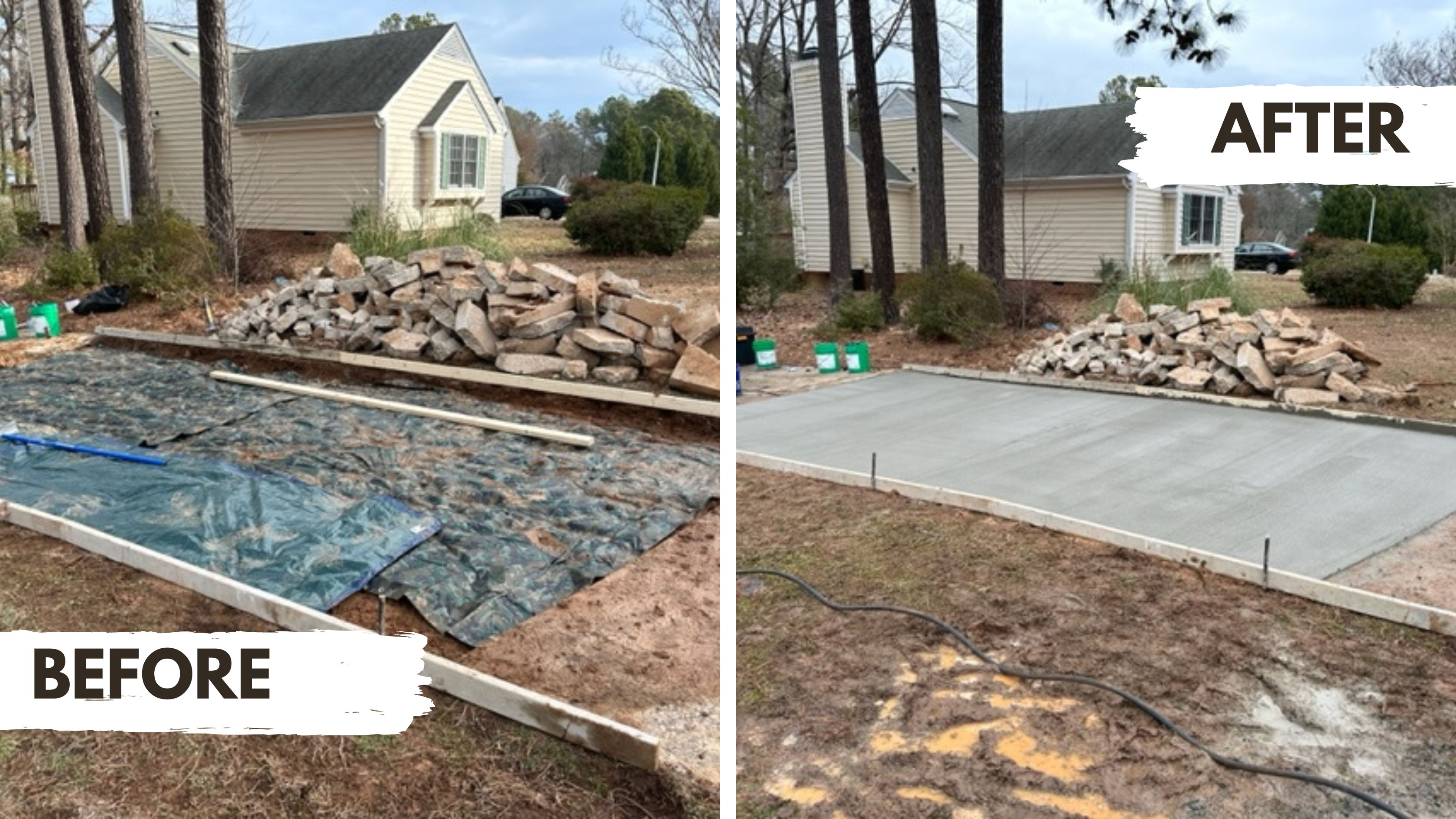 Before and after images of a concrete driveway transformation through traditional repair and pouring service.